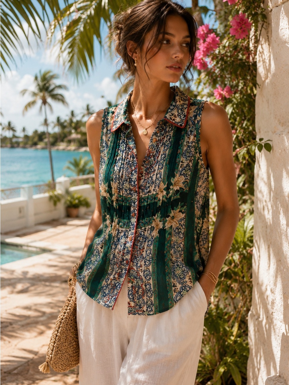 NWOT TAJ by Sabrina Crippa Sleeveless Printed Boho Resort Tank Blouse Top Sz L